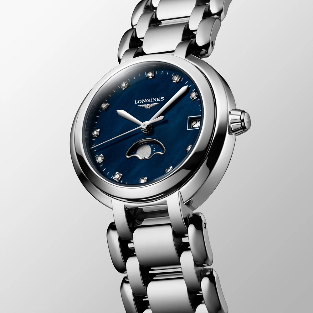 Longines PrimaLuna 30.5mm Blue MOP Diamond Dot Dial Moon Phase Ladies Quartz Watch L8.115.4.98.6
