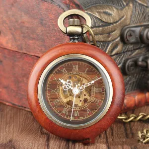 Mahogany Texture Dial Golden Roman Literal Automatic Mechanical Wooden Pocket Watch 