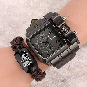 Men's Large Dial Quartz Watch Plus Bracelet Set 