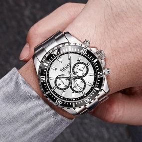 Men's Multifunctional Chronograph Solid Steel Band Watch 