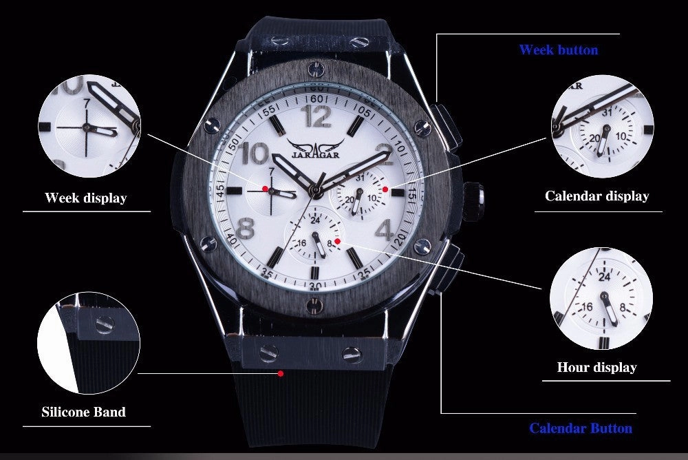 Men's Six Needles Automatic Mechanical Watch Black Shell White Surface Tape Mechanical Watch