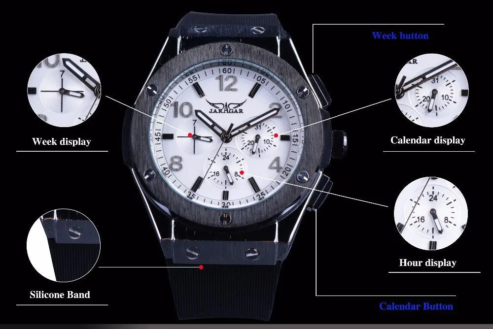 Men's Six Needles Automatic Mechanical Watch Black Shell White Surface Tape Mechanical Watch