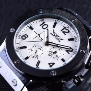 Men's Six Needles Automatic Mechanical Watch Black Shell White Surface Tape Mechanical Watch 