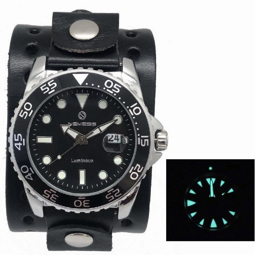 Moonwalker Luminous Black Diver with Perforated Black Leather Cuff 