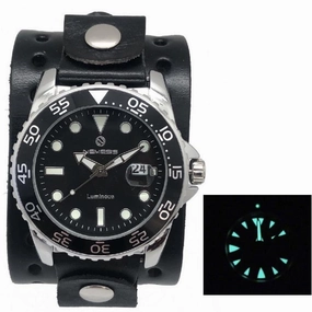Moonwalker Luminous Black Diver with Perforated Black Leather Cuff 