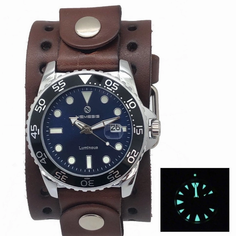 Moonwalker Luminous Blue Diver with Perforated Brown Leather Cuff 