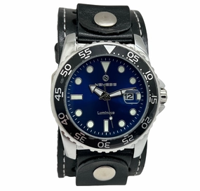 Moonwalker Luminous Blue Diver with Stitched Black Leather Cuff 