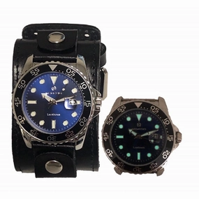 Moonwalker Luminous Blue Diver with Stitched Black Leather Cuff 
