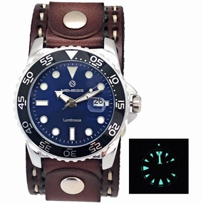 Moonwalker Luminous Blue Diver with White Stitched Brown Leather Cuff 