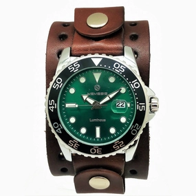 Moonwalker Luminous Green Diver with Perforated Brown Leather Cuff 