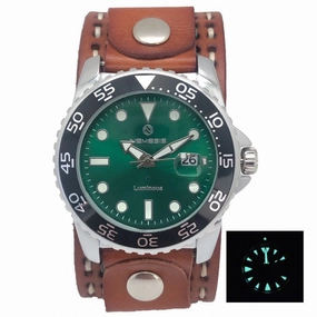 Moonwalker Luminous Green Diver with White Stitched Khaki Leather Cuff 