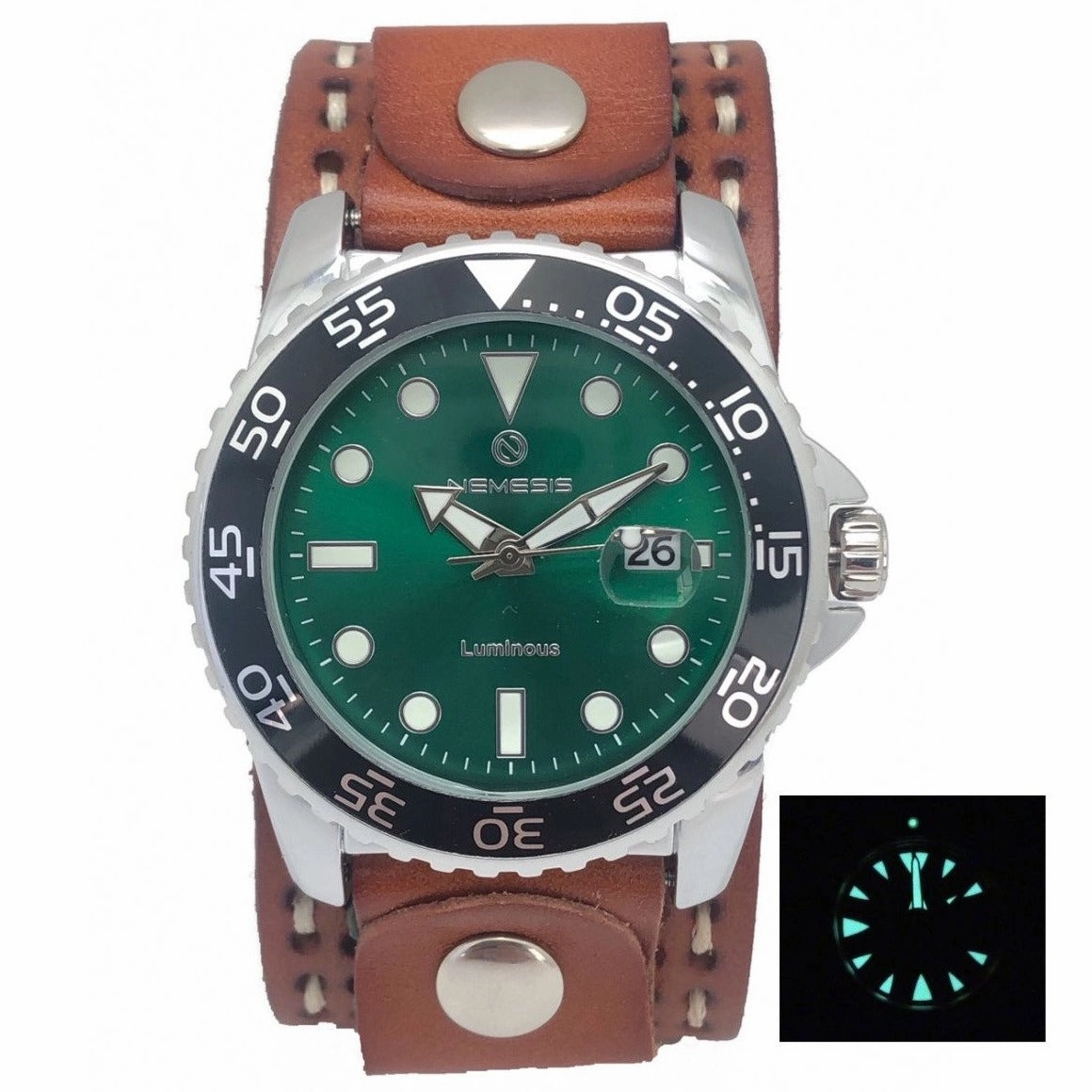 Moonwalker Luminous Green Diver with White Stitched Khaki Leather Cuff 