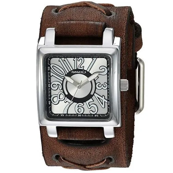 Nemesis Unix square case 3 D dial watch with Brown Vintage x cuff leather band BFXB256S 