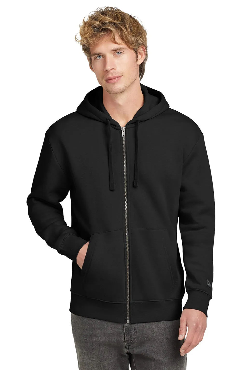 New Era Mens Heritage Fleece Full Zip Hooded Sweatshirt Hoodie w/ Pockets - Black