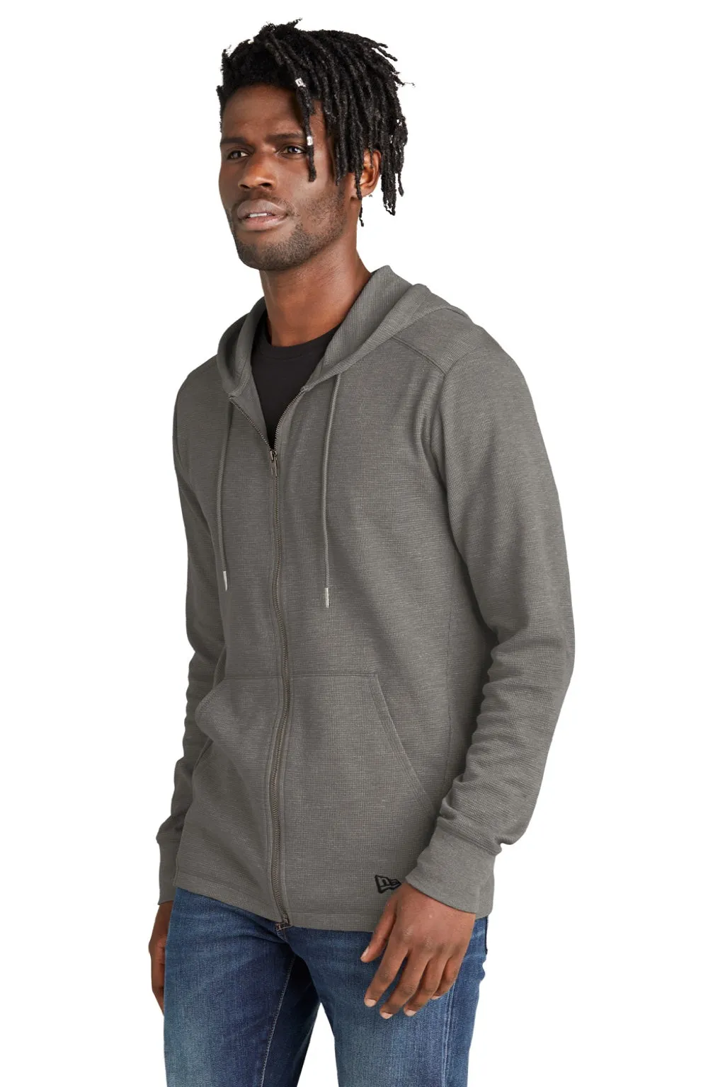 New Era Mens Thermal Full Zip Hooded Sweatshirt Hoodie w/ Pockets - Heather Shadow Grey