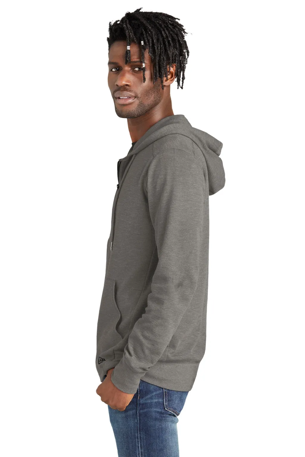 New Era Mens Thermal Full Zip Hooded Sweatshirt Hoodie w/ Pockets - Heather Shadow Grey