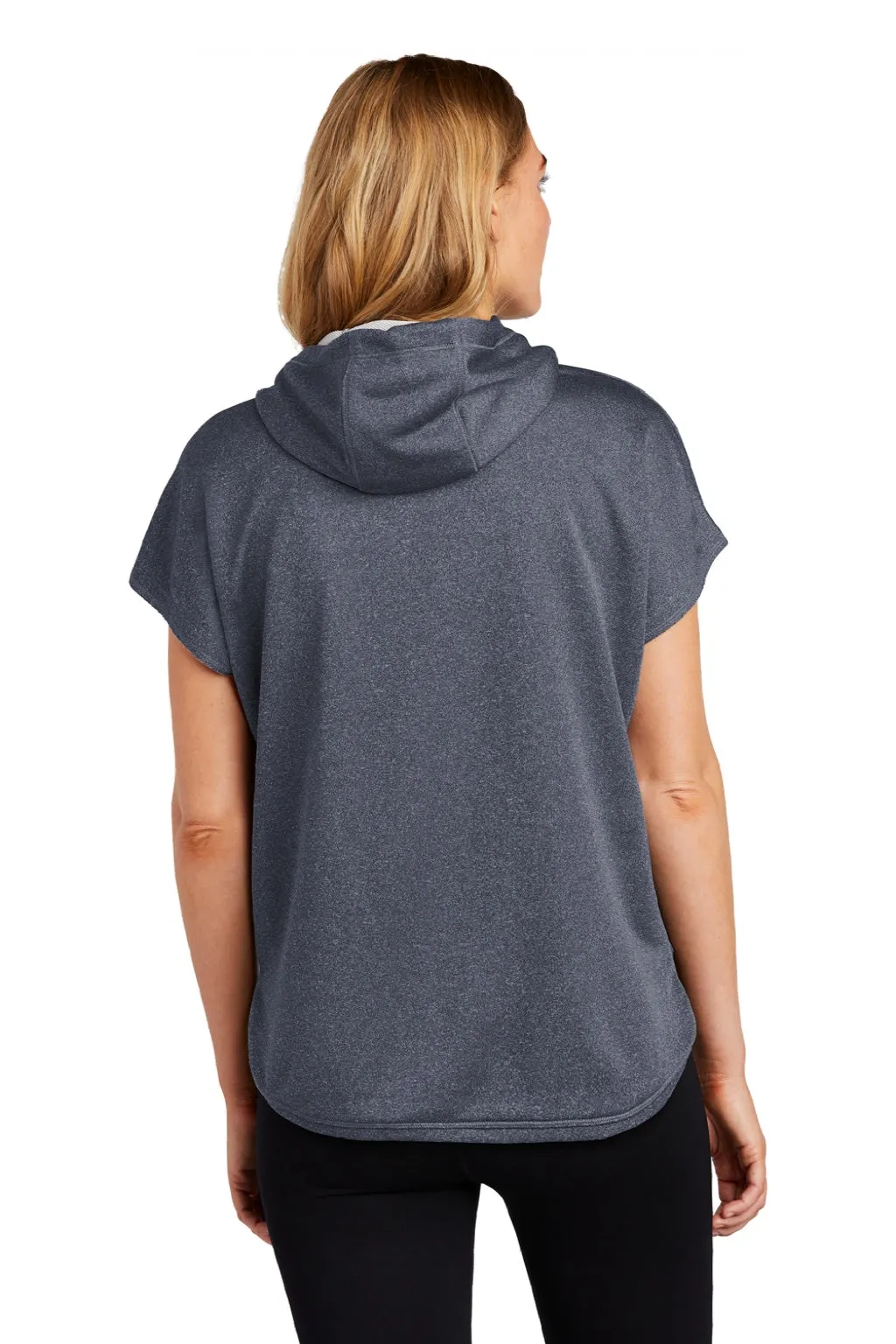New Era Womens Performance Terry Short Sleeve Hooded Sweatshirt Hoodie w/ Pouch Pocket - Heather True Navy Blue