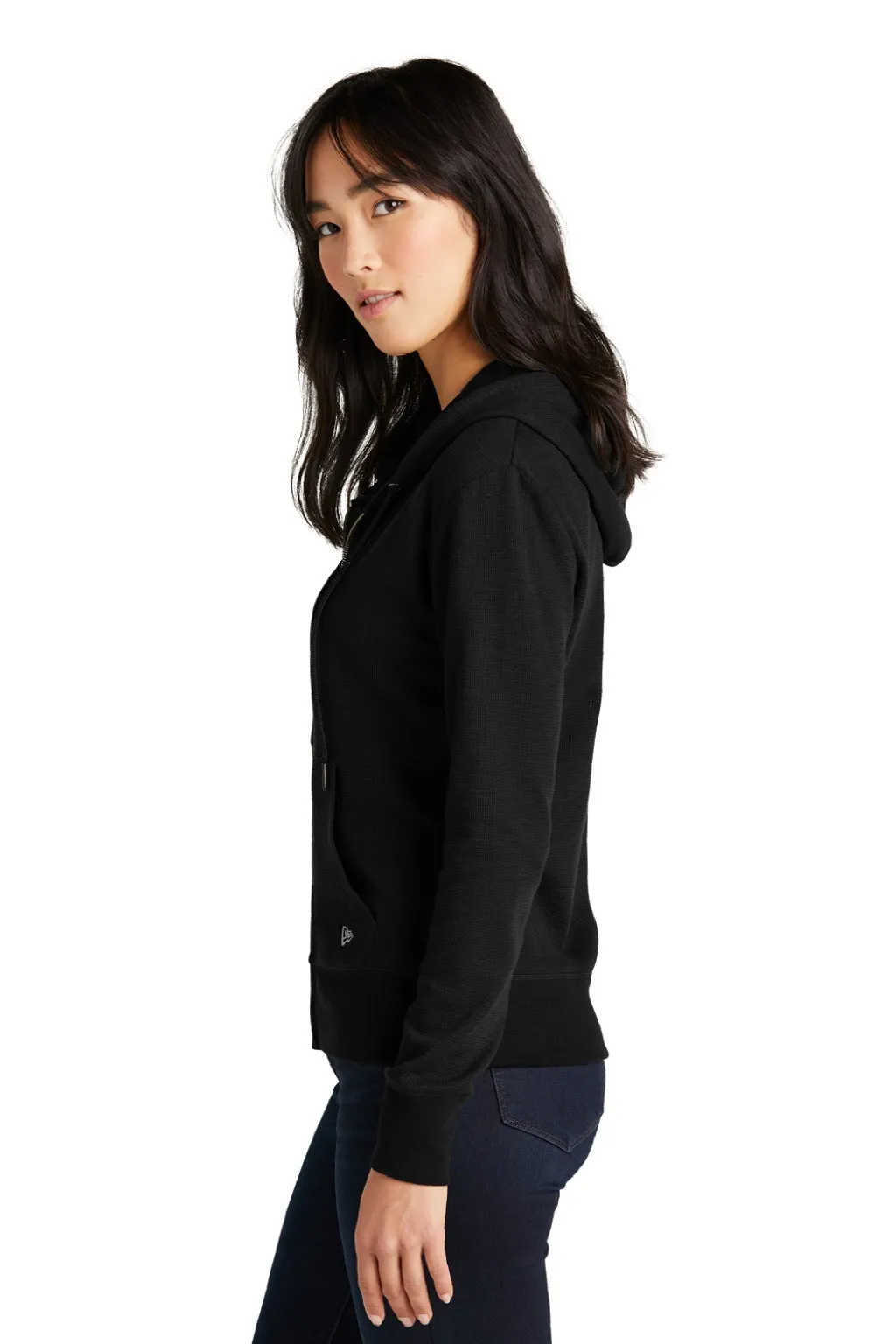 New Era Womens Thermal Full Zip Hooded Sweatshirt Hoodie w/ Pockets - Black