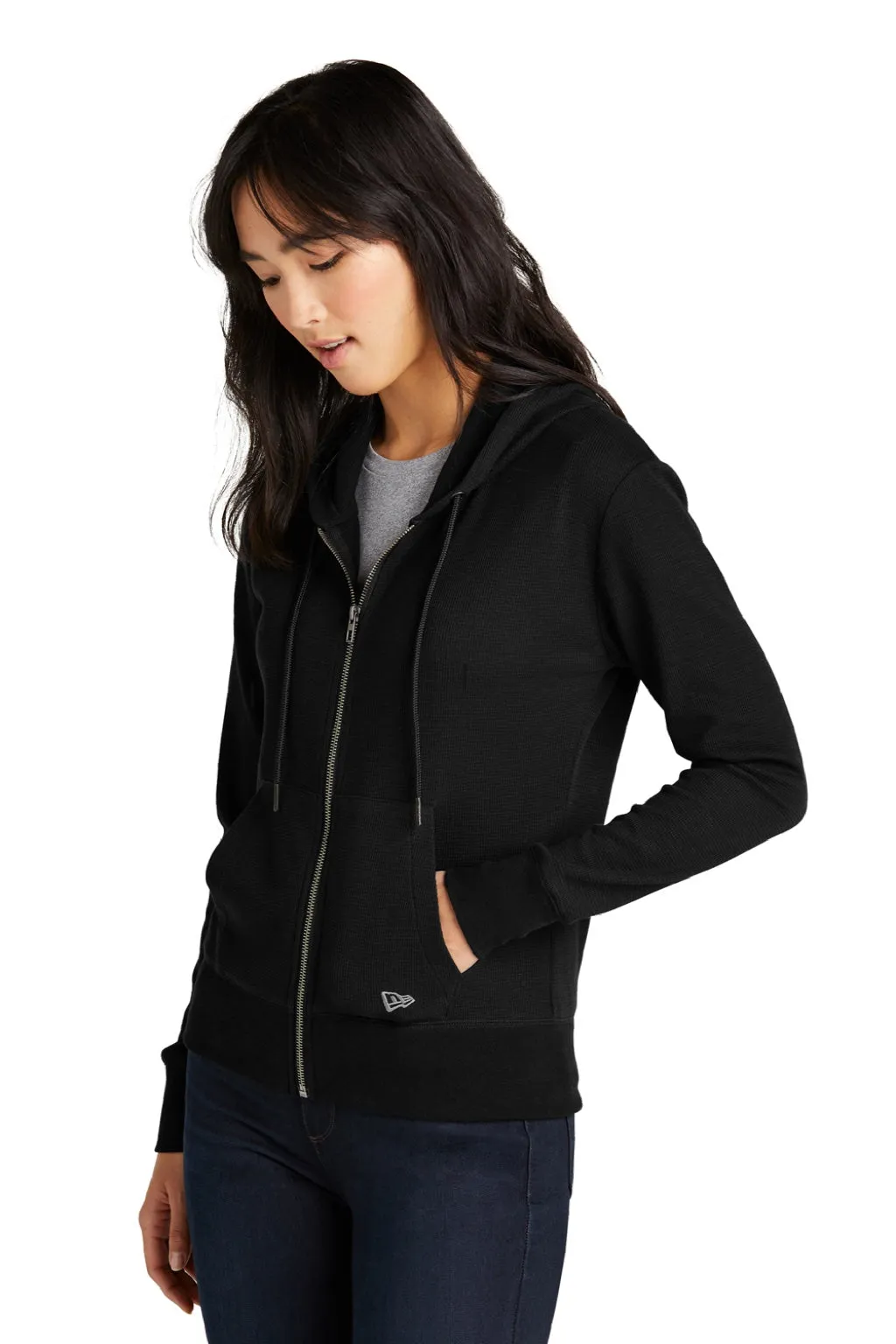 New Era Womens Thermal Full Zip Hooded Sweatshirt Hoodie w/ Pockets - Black