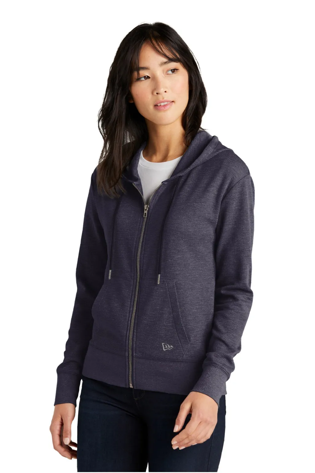 New Era Womens Thermal Full Zip Hooded Sweatshirt Hoodie w/ Pockets - Heather True Navy Blue