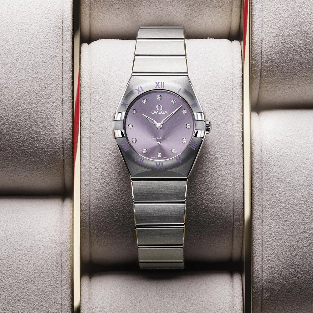 Omega Constellation 28mm Purple Dial Diamond Ladies Quartz Watch 13110286060002