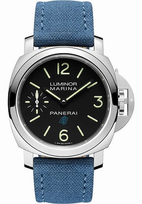 Panerai Luminor Logo - 44mm - Brushed Steel - Black Dial - Blue Canvas Strap - PAM00777 