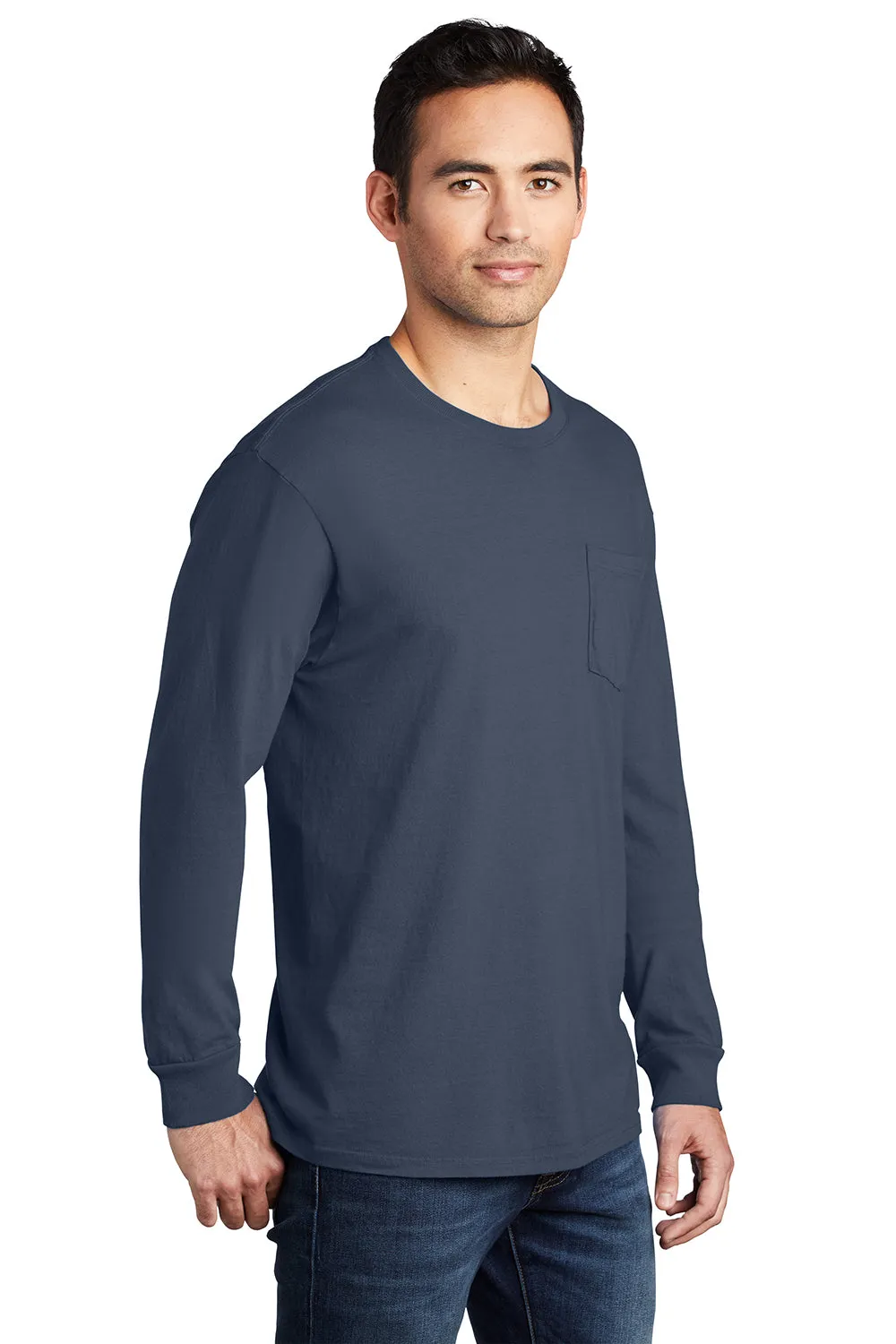 Port & Company Mens Beach Wash Long Sleeve Crewneck T-Shirt w/ Pocket - Denim Blue - Closeout  Buy the latest Clothing Port-Company