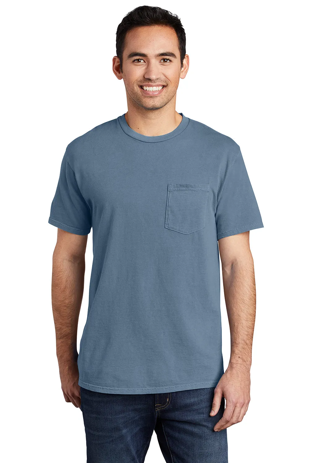 Port & Company Mens Beach Wash Short Sleeve Crewneck T-Shirt w/ Pocket - Denim Blue  Buy the latest Clothing Port-Company