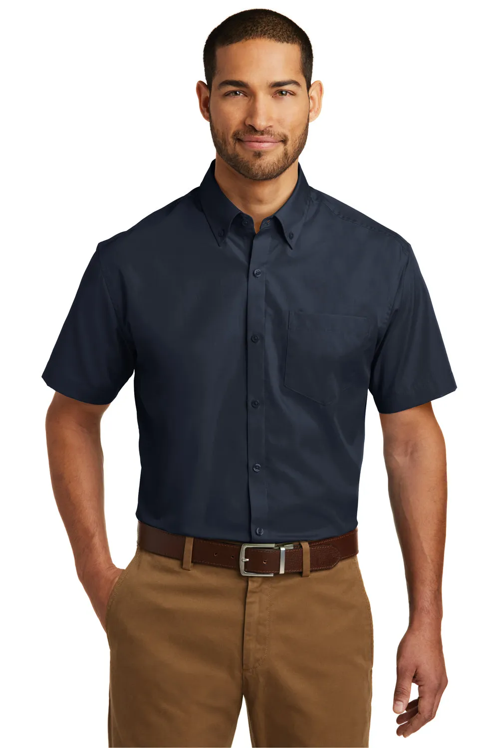 Port Authority Mens Carefree Stain Resistant Short Sleeve Button Down Shirt w/ Pocket - River Navy Blue  Premium quality Clothing Port-Authority