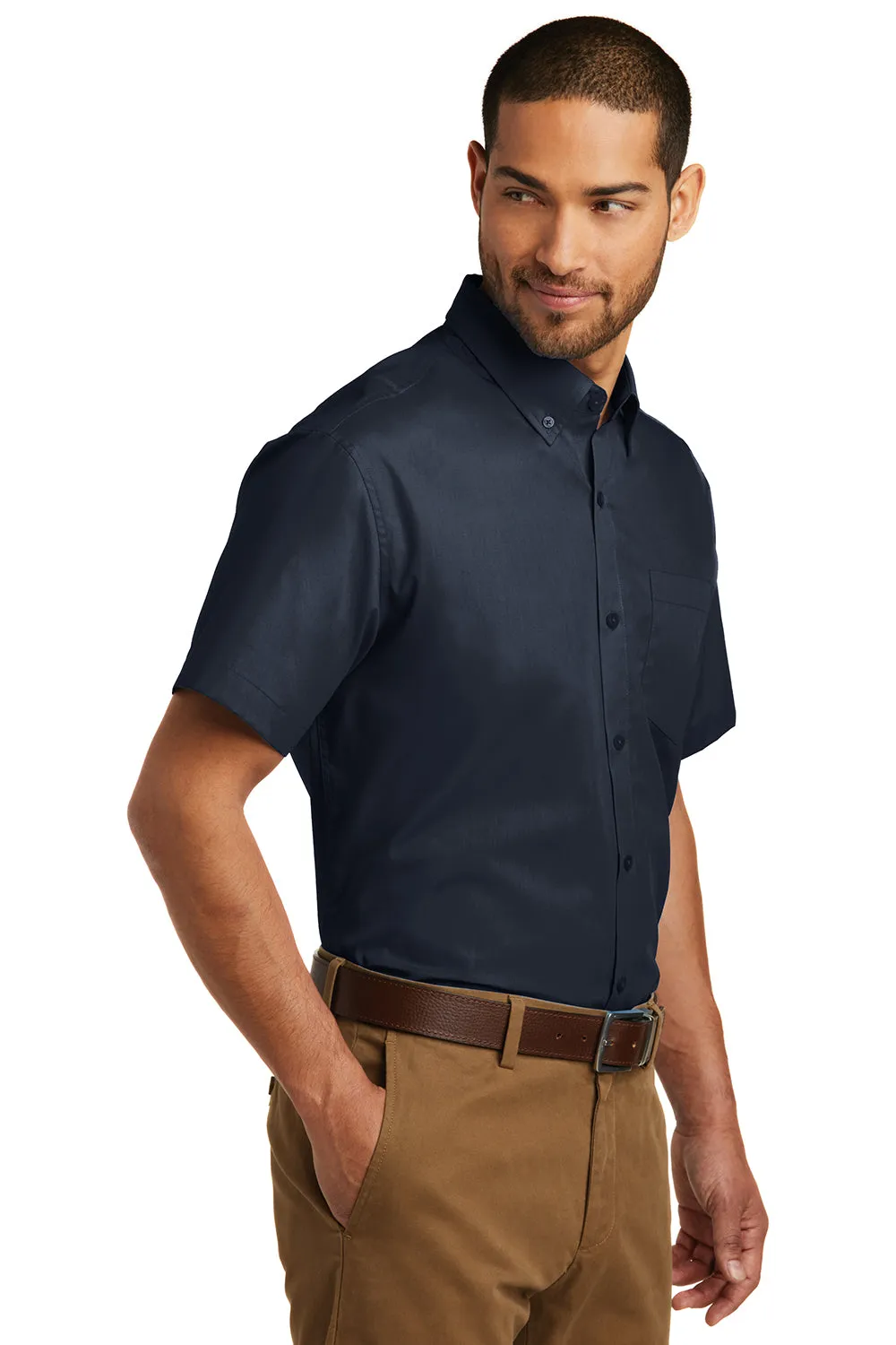 Port Authority Mens Carefree Stain Resistant Short Sleeve Button Down Shirt w/ Pocket - River Navy Blue  Premium quality Clothing Port-Authority