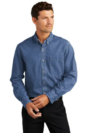 Port Authority Mens Denim Long Sleeve Button Down Shirt w/ Pocket - Dark Blue  Premium quality Clothing Port-Authority