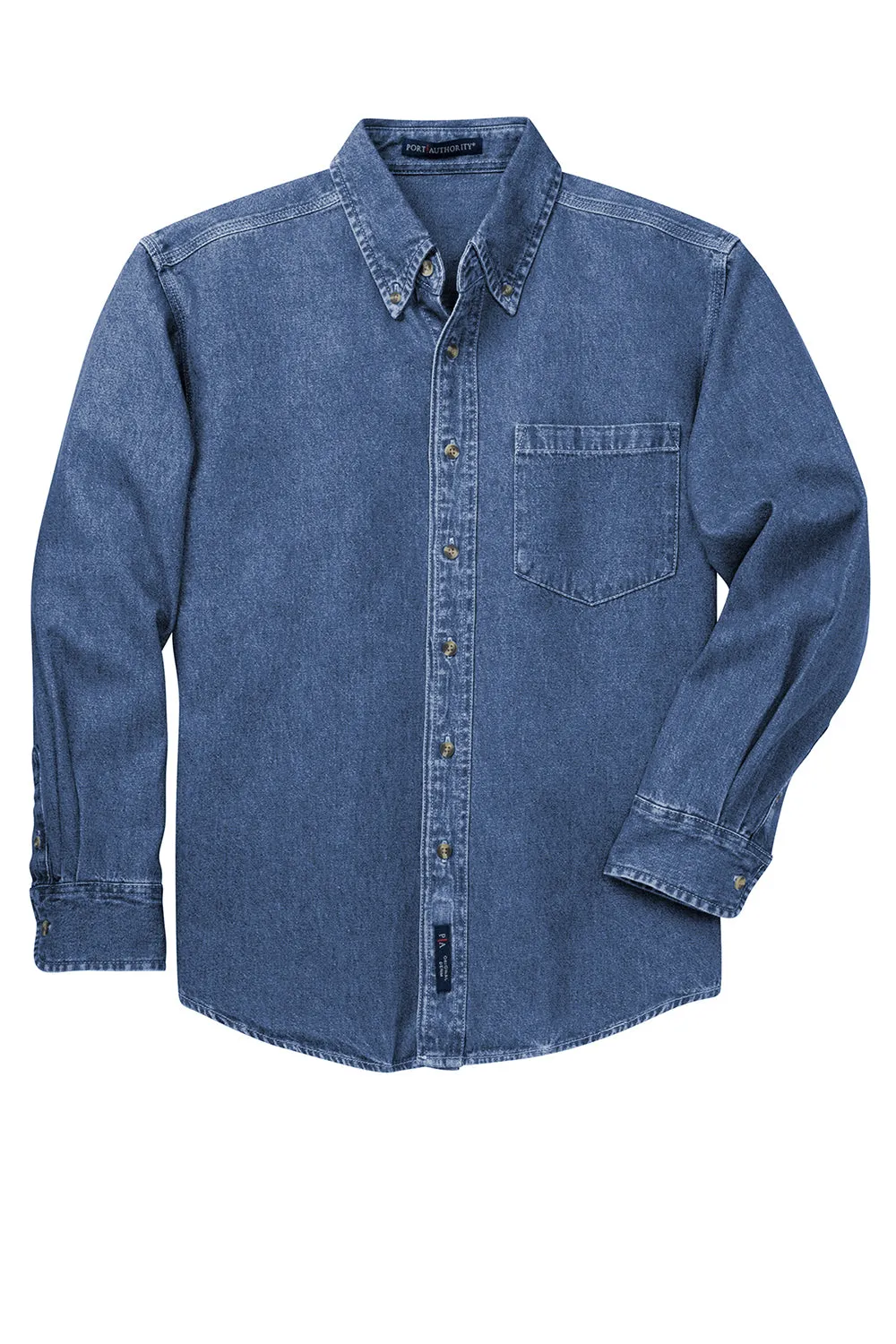 Port Authority Mens Denim Long Sleeve Button Down Shirt w/ Pocket - Dark Blue  Premium quality Clothing Port-Authority