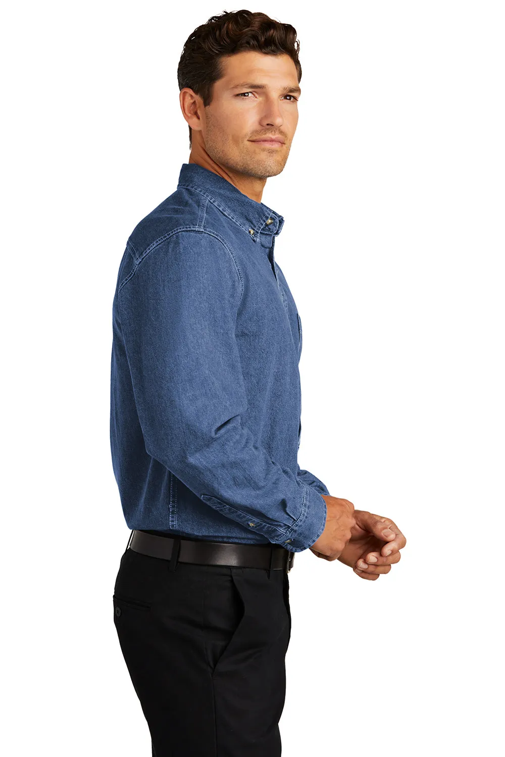 Port Authority Mens Denim Long Sleeve Button Down Shirt w/ Pocket - Dark Blue  Premium quality Clothing Port-Authority