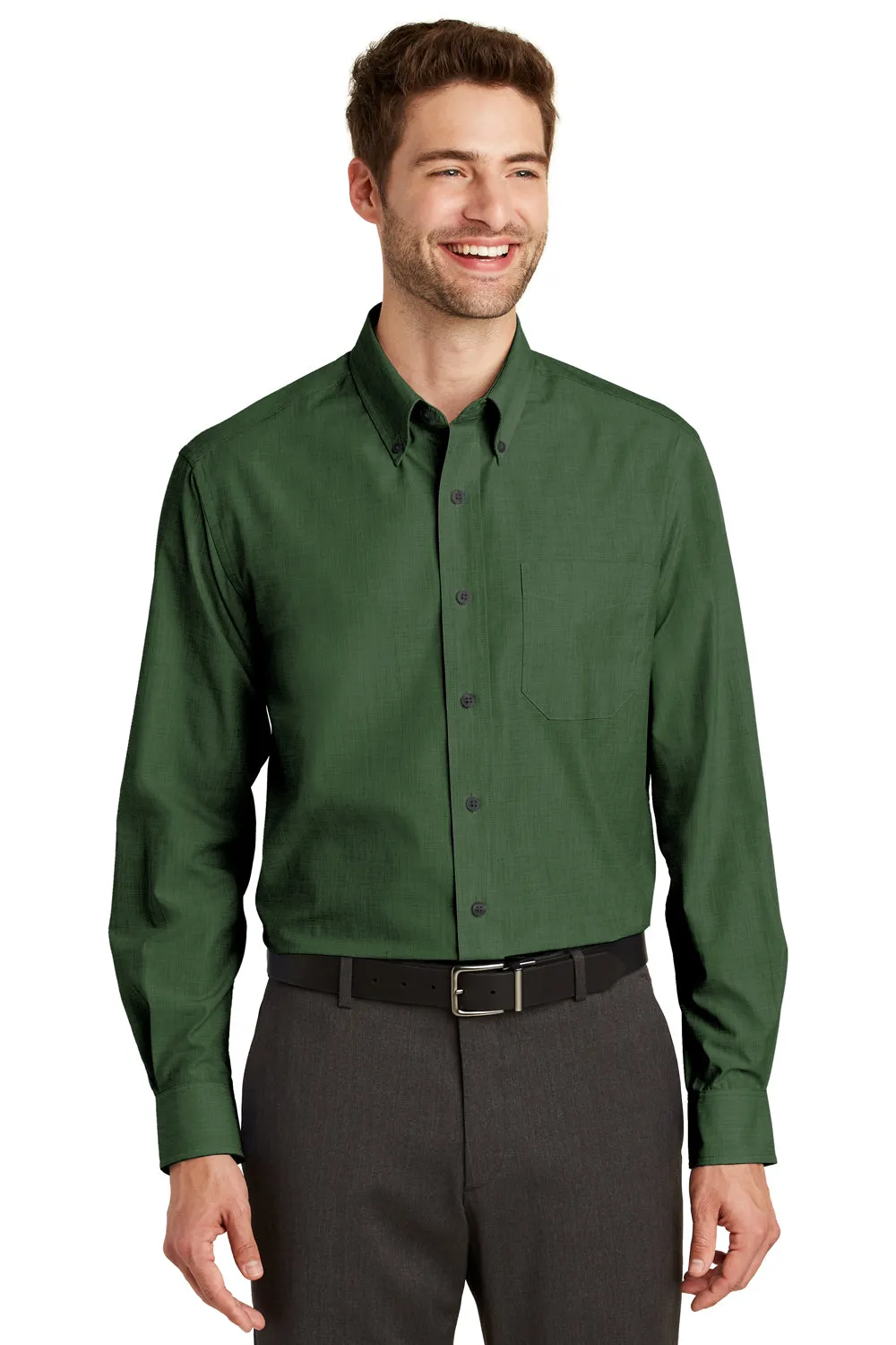 Port Authority Mens Easy Care Wrinkle Resistant Long Sleeve Button Down Shirt w/ Pocket - Dark Cactus Green - Closeout  Premium quality Clothing Port-Authority