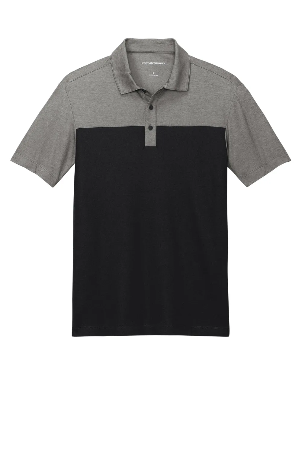 Port Authority Mens Fine Pique Blocked Moisture Wicking Short Sleeve Polo Shirt - Deep Black/Heather Charcoal Grey  Premium quality Clothing Port-Authority