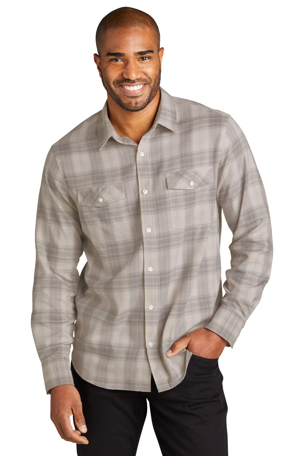 Port Authority Mens Ombre Plaid Long Sleeve Button Down Shirt w/ Double Pockets - Frost Grey  Premium quality Clothing Port-Authority
