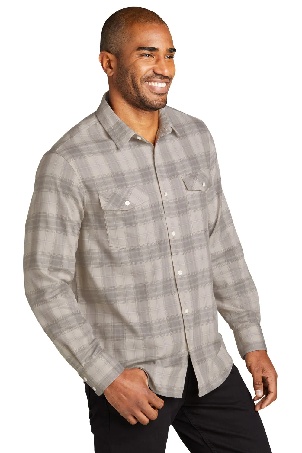 Port Authority Mens Ombre Plaid Long Sleeve Button Down Shirt w/ Double Pockets - Frost Grey  Premium quality Clothing Port-Authority