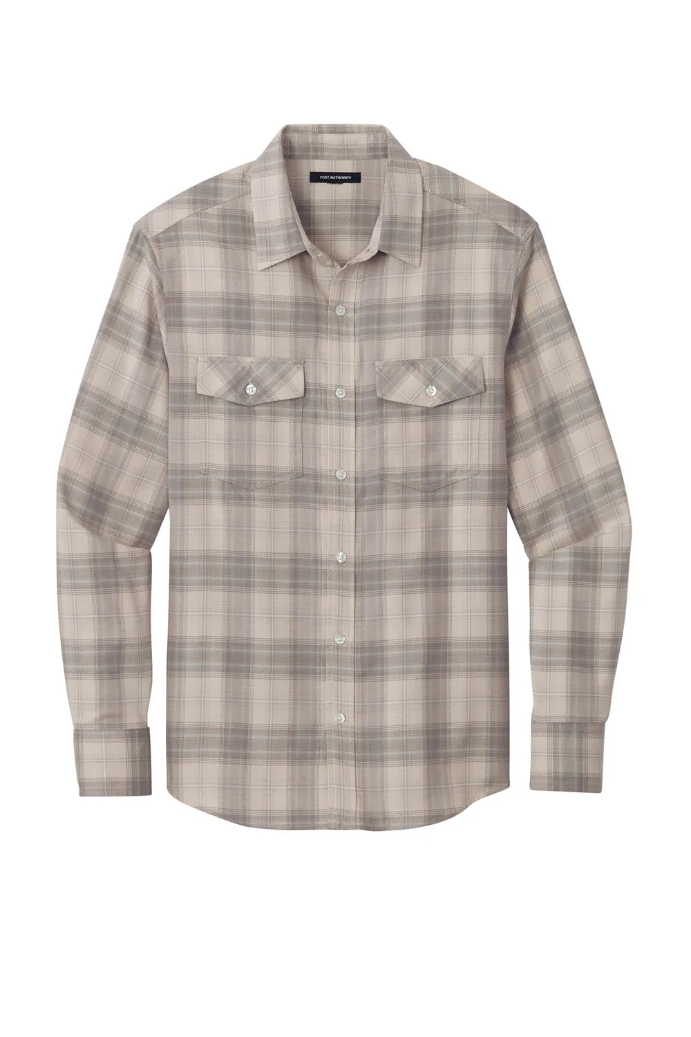 Port Authority Mens Ombre Plaid Long Sleeve Button Down Shirt w/ Double Pockets - Frost Grey  Premium quality Clothing Port-Authority