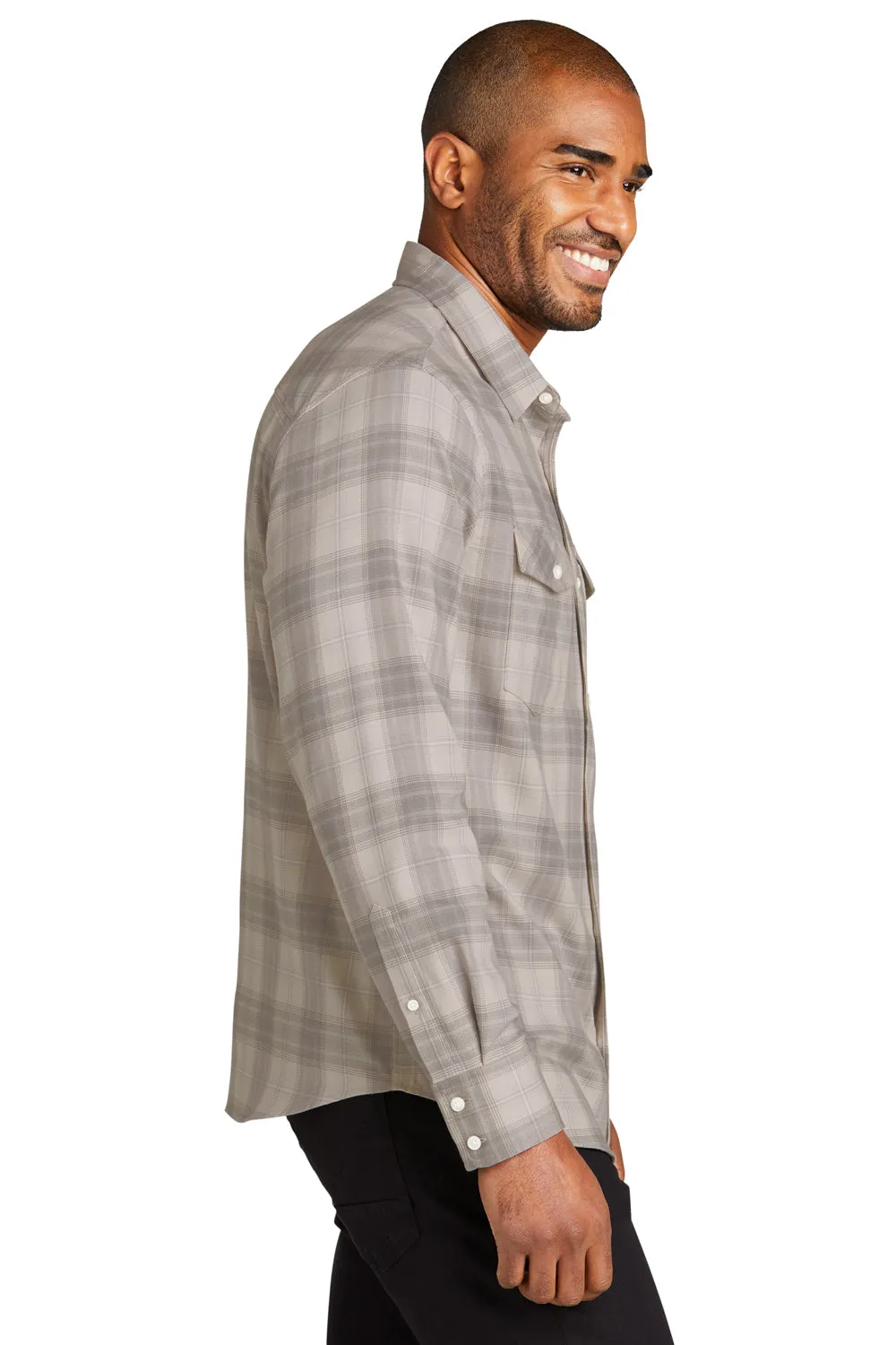 Port Authority Mens Ombre Plaid Long Sleeve Button Down Shirt w/ Double Pockets - Frost Grey  Premium quality Clothing Port-Authority