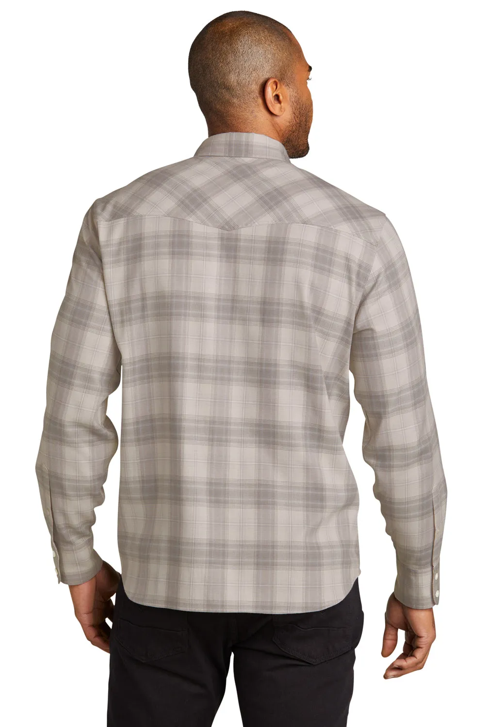 Port Authority Mens Ombre Plaid Long Sleeve Button Down Shirt w/ Double Pockets - Frost Grey  Premium quality Clothing Port-Authority