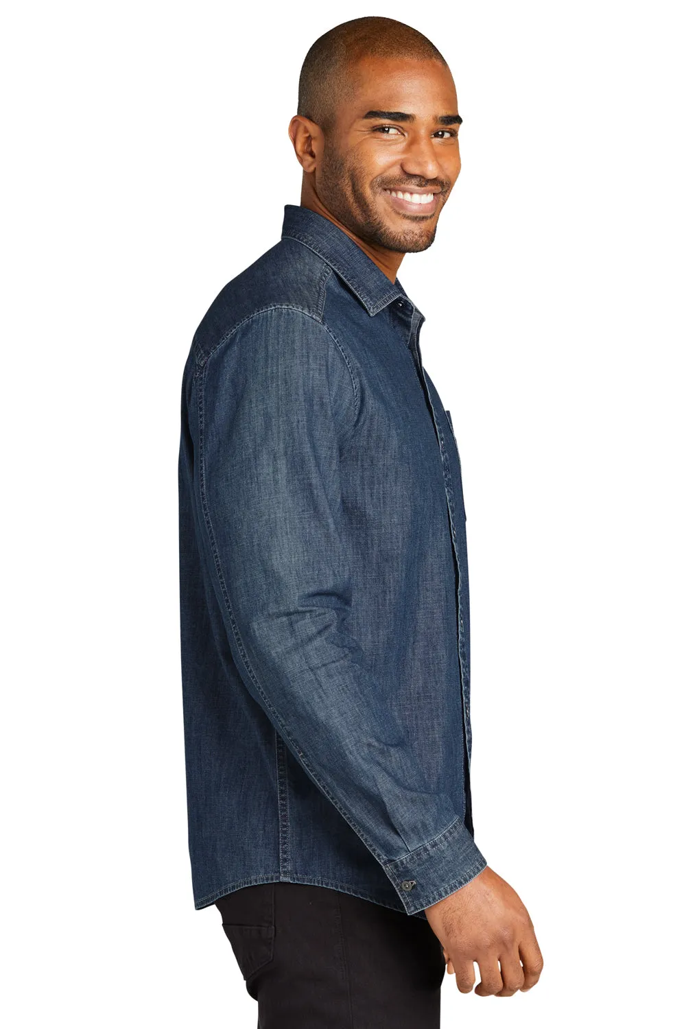Port Authority Mens Perfect Denim Long Sleeve Button Down Shirt w/ Pocket - Medium Wash - Closeout  Premium quality Clothing Port-Authority
