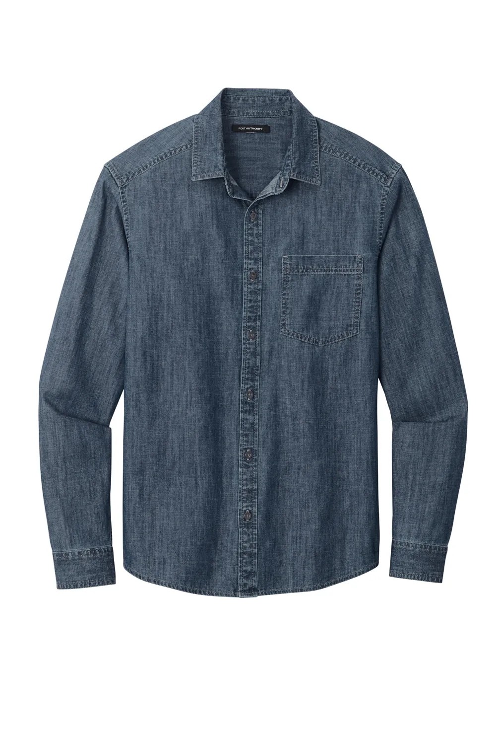 Port Authority Mens Perfect Denim Long Sleeve Button Down Shirt w/ Pocket - Medium Wash - Closeout  Premium quality Clothing Port-Authority