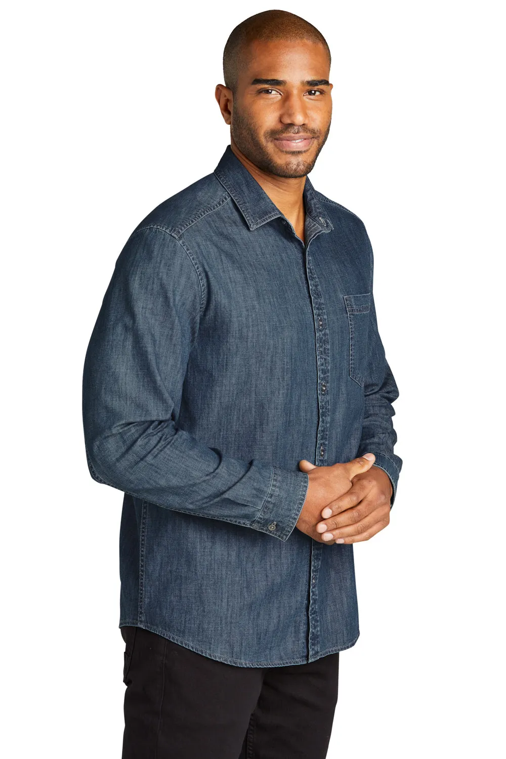 Port Authority Mens Perfect Denim Long Sleeve Button Down Shirt w/ Pocket - Medium Wash - Closeout  Premium quality Clothing Port-Authority