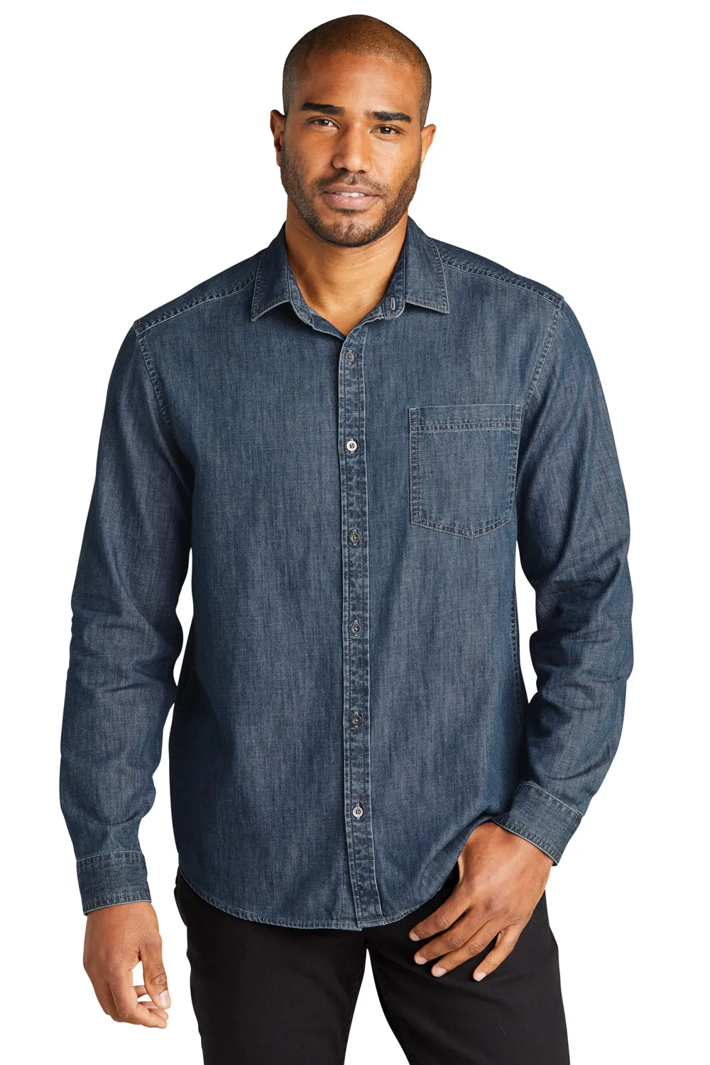 Port Authority Mens Perfect Denim Long Sleeve Button Down Shirt w/ Pocket - Medium Wash - Closeout  Premium quality Clothing Port-Authority