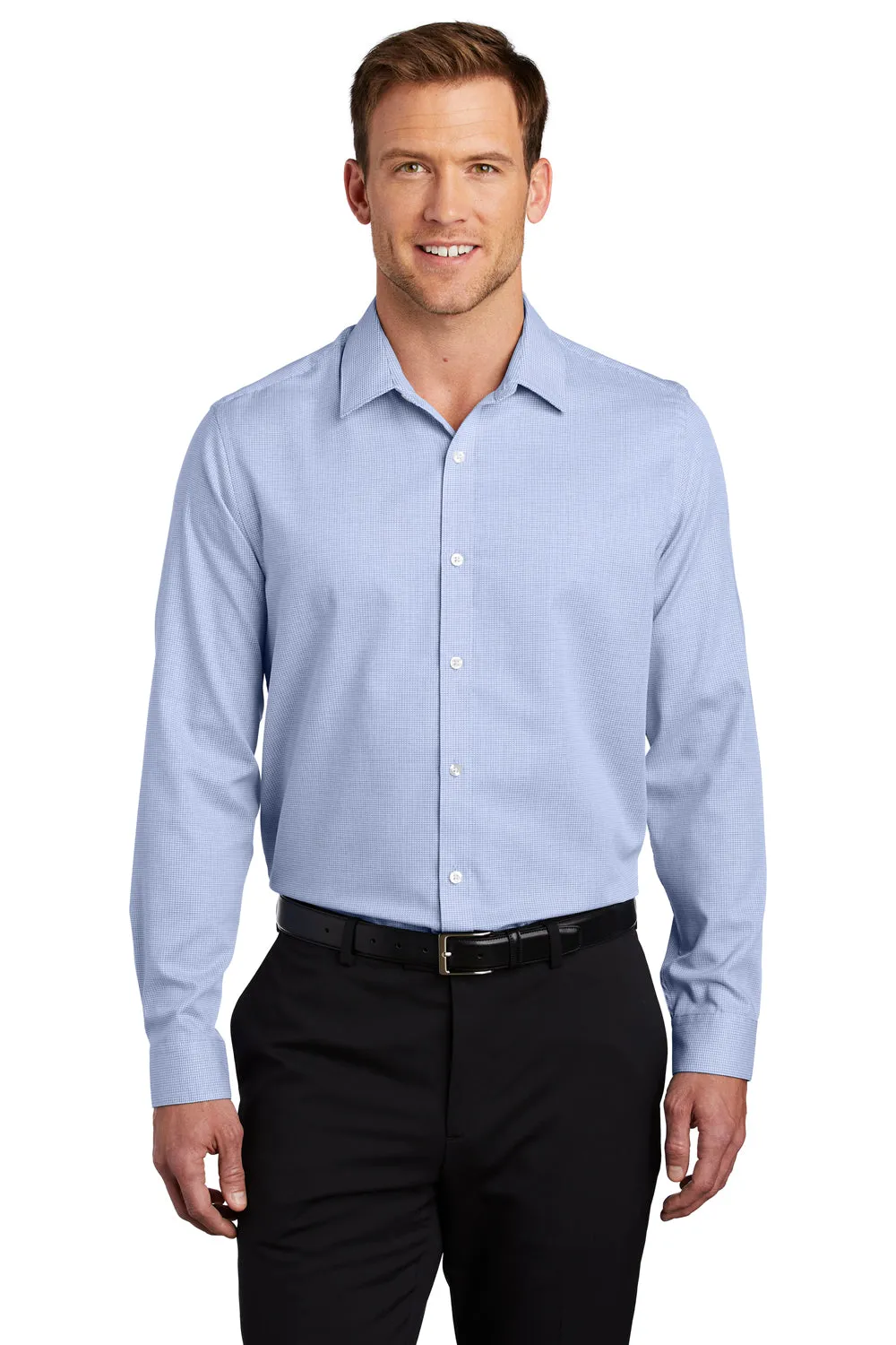 Port Authority Mens Pincheck Wrinkle Resistant Long Sleeve Button Down Shirt - Blue Horizon/White - Closeout  Premium quality Clothing Port-Authority
