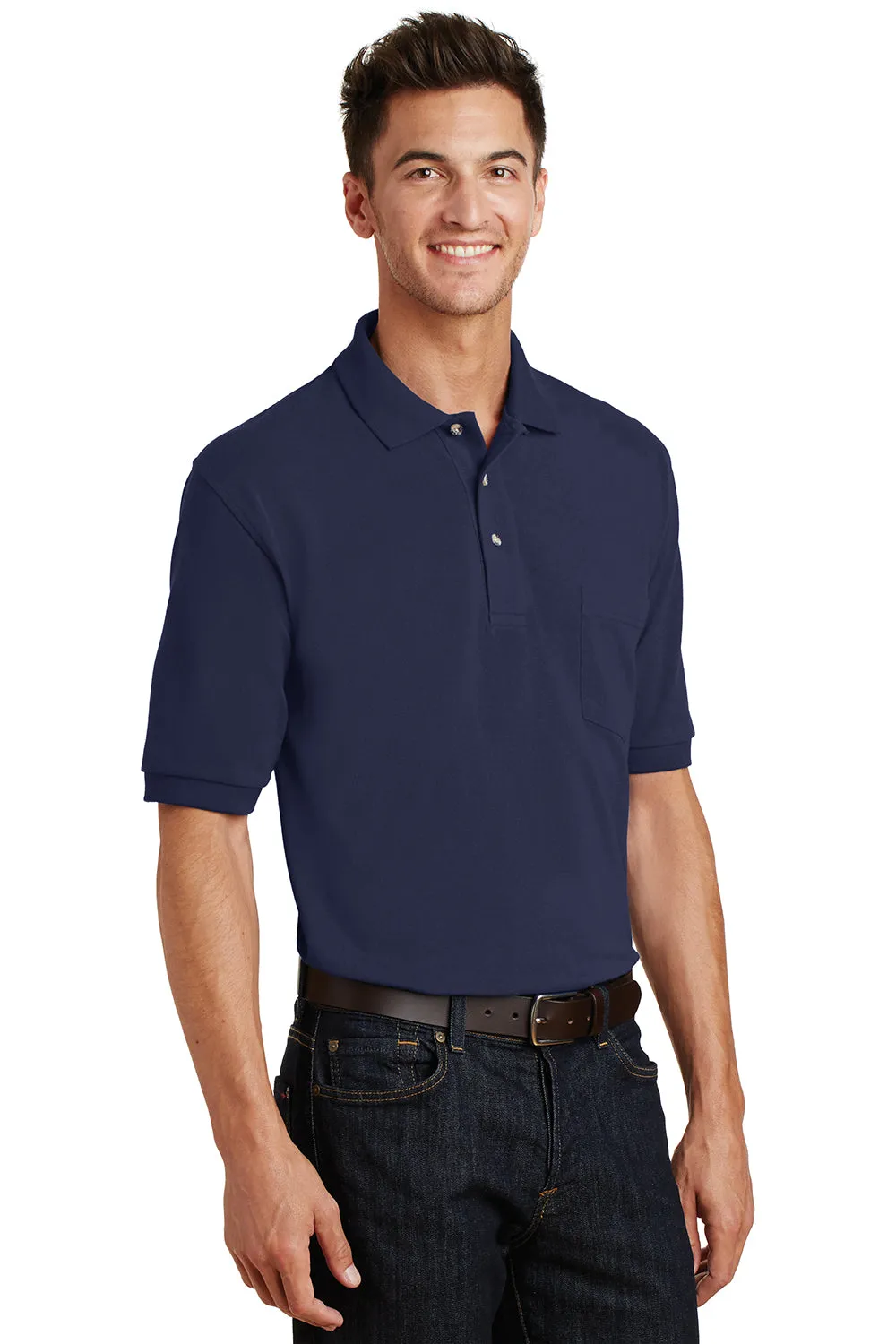 Port Authority Mens Shrink Resistant Short Sleeve Polo Shirt w/ Pocket - Navy Blue  Premium quality Clothing Port-Authority