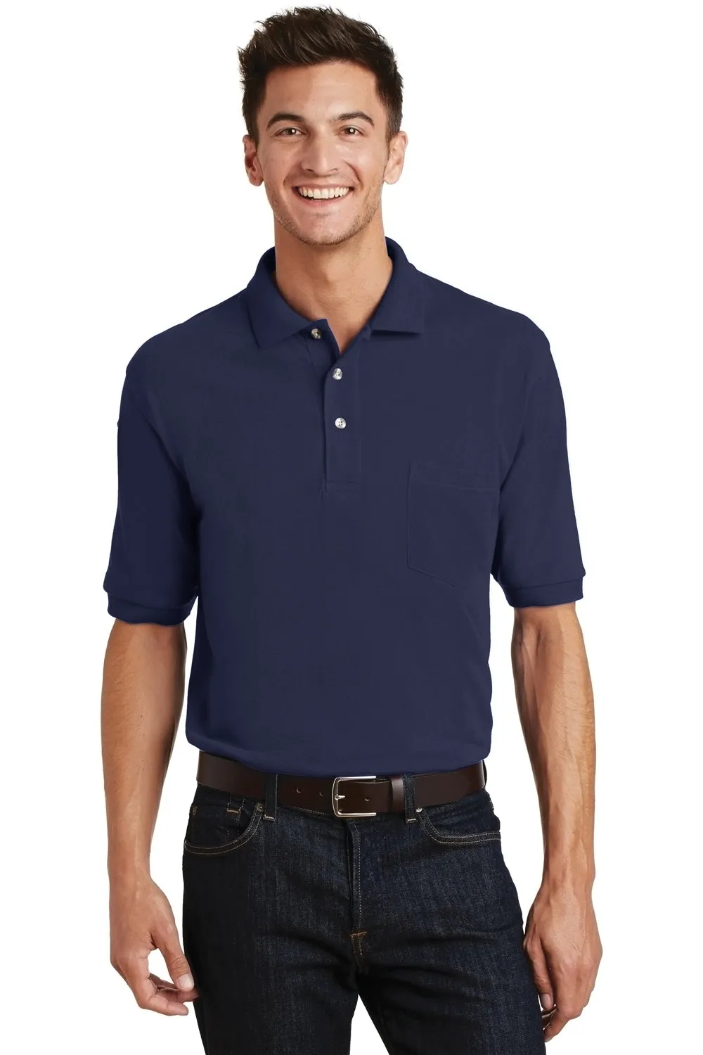 Port Authority Mens Shrink Resistant Short Sleeve Polo Shirt w/ Pocket - Navy Blue  Premium quality Clothing Port-Authority