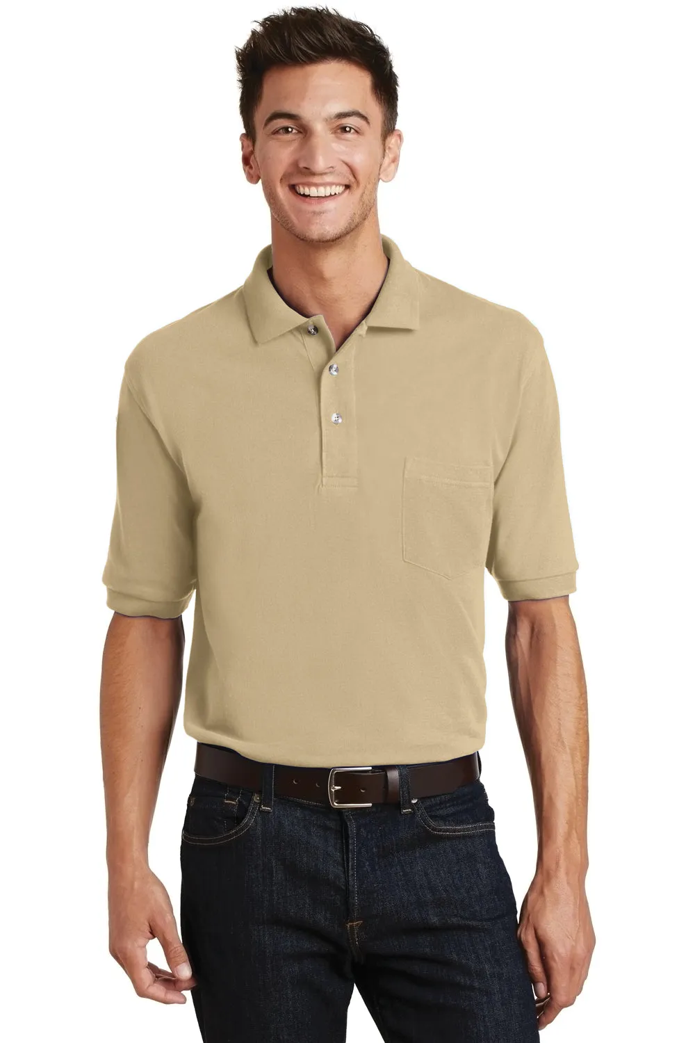 Port Authority Mens Shrink Resistant Short Sleeve Polo Shirt w/ Pocket - Stone - Closeout  Premium quality Clothing Port-Authority