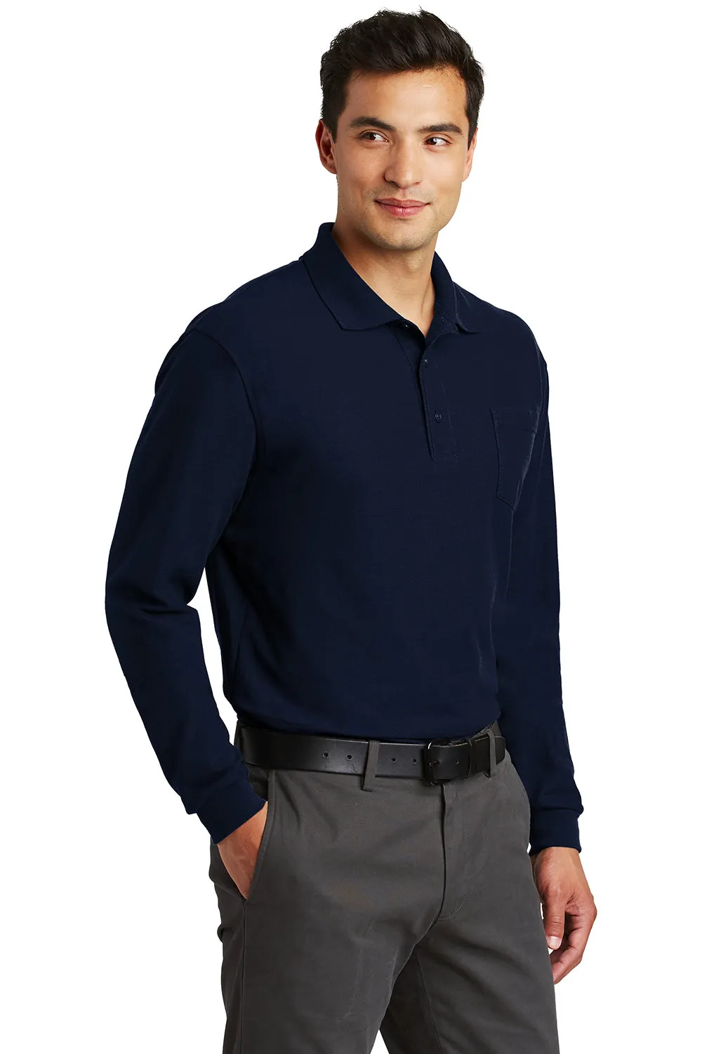 Port Authority Mens Silk Touch Wrinkle Resistant Long Sleeve Polo Shirt w/ Pocket - Navy Blue  Premium quality Clothing Port-Authority