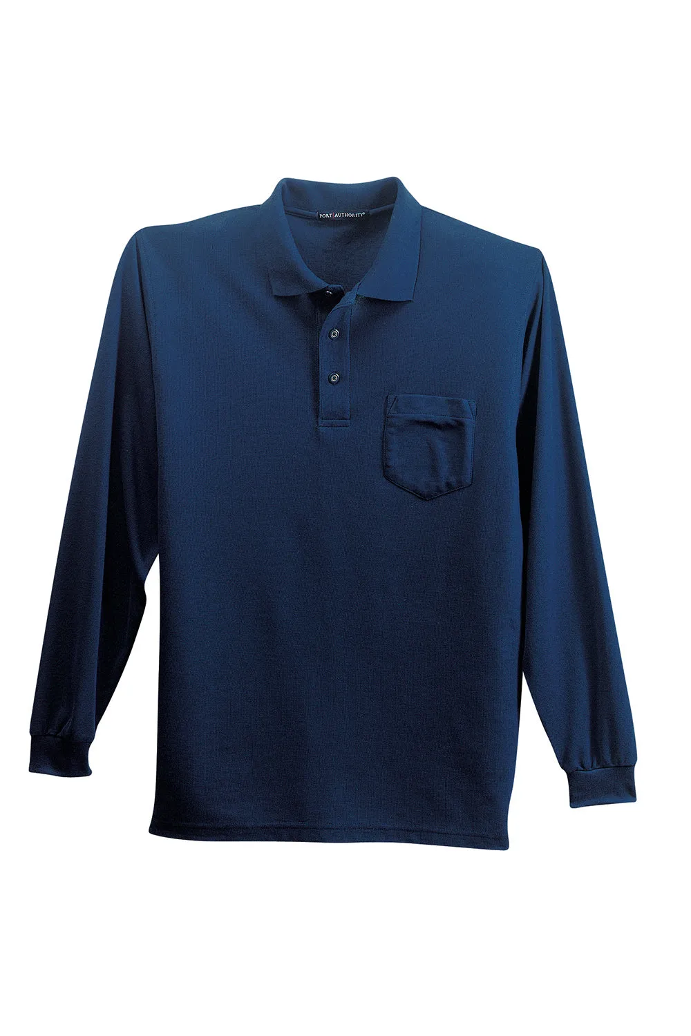 Port Authority Mens Silk Touch Wrinkle Resistant Long Sleeve Polo Shirt w/ Pocket - Navy Blue  Premium quality Clothing Port-Authority